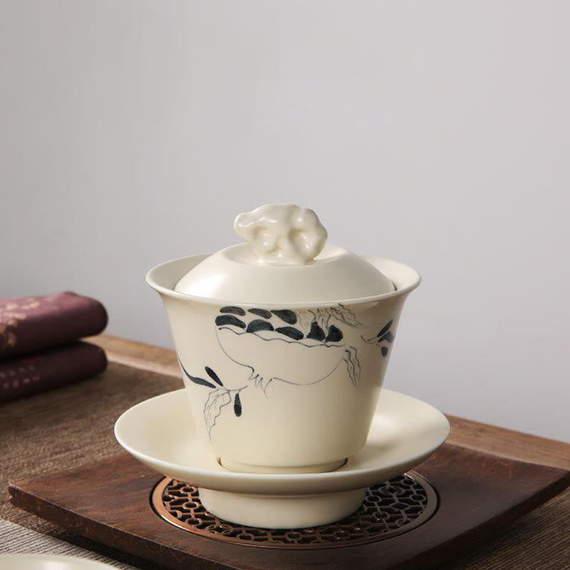 Buddha Stones dipinto a mano melograno ibisco pino loto ceramica gaiwan sancai tazza da tè kung fu tazza da tè e piattino con coperchio