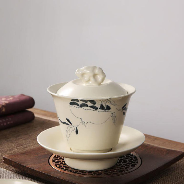 Buddha Stones dipinto a mano melograno ibisco pino loto ceramica gaiwan sancai tazza da tè kung fu tazza da tè e piattino con coperchio