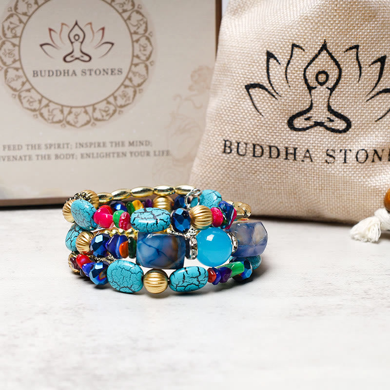 Braccialetto di benedizione con perline di agata turchese irregolare multistrato Buddha Stones