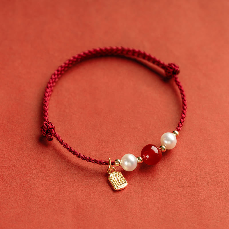 Braccialetto intrecciato in corda rossa con perle di agata e carattere Fu in argento sterling 925 con pietre Buddha Stones - image 3
