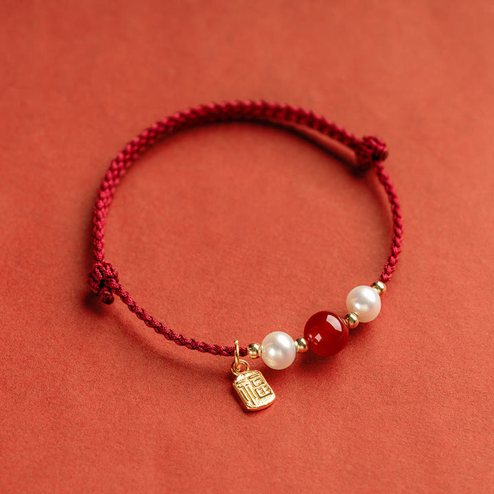 Braccialetto intrecciato in corda rossa con perle di agata e carattere Fu in argento sterling 925 con pietre Buddha Stones - image 3