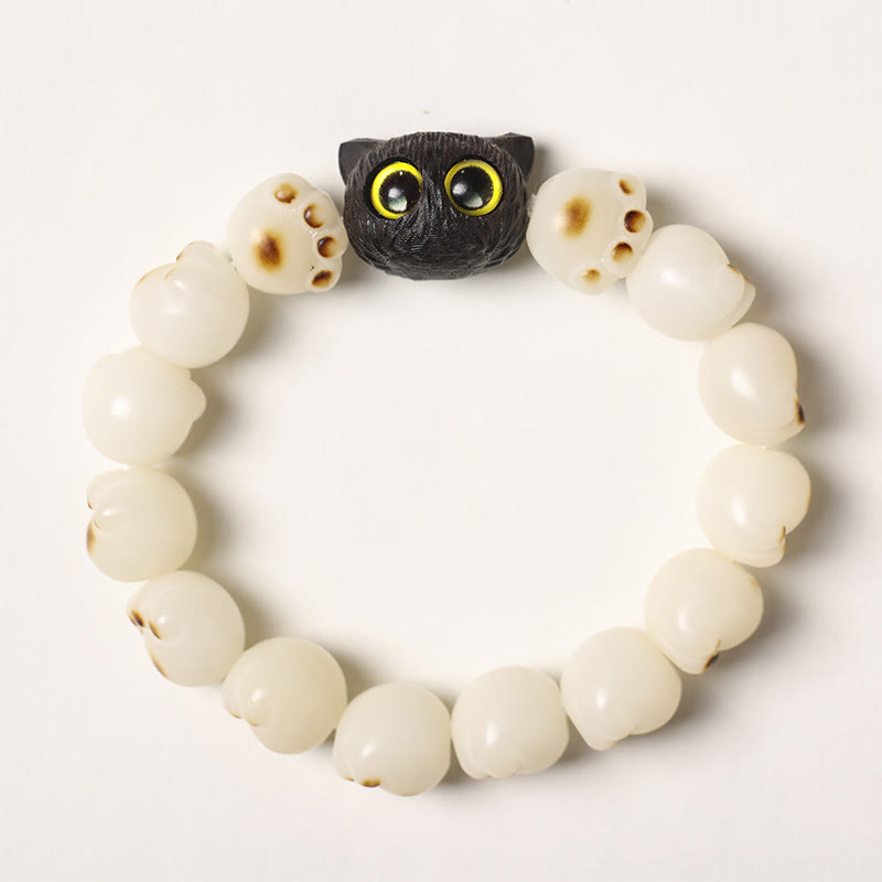 Buddha Stones Semi di Bodhi naturali Zampa adorabile Braccialetto di saggezza del gatto fortunato in legno di ebano - Seme di Bodhi bianco - Versione semplice (circonferenza del polso 14-15 cm) - image 17
