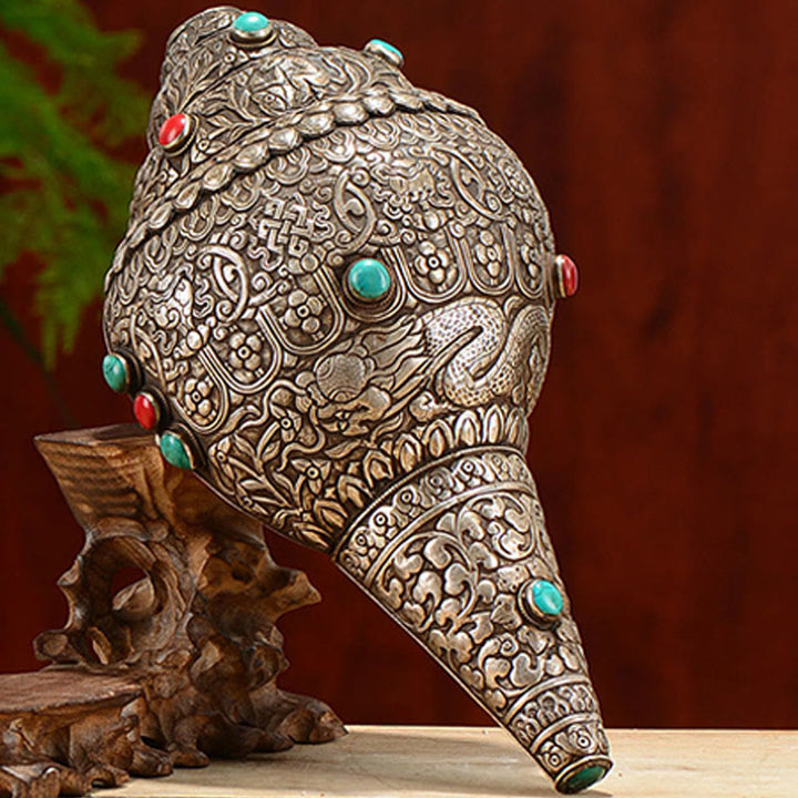 Tibetano fatto a mano naturale Shankha inciso otto simboli di buon auspicio conchiglia fortunata decorazione per la casa - image 12
