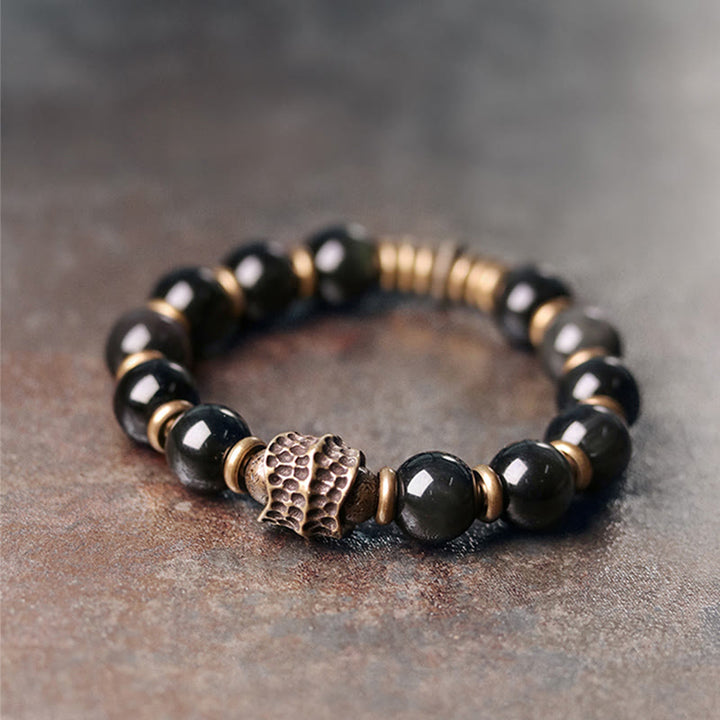Braccialetto di guarigione dell'amore in rame e ossidiana arcobaleno Buddha Stones