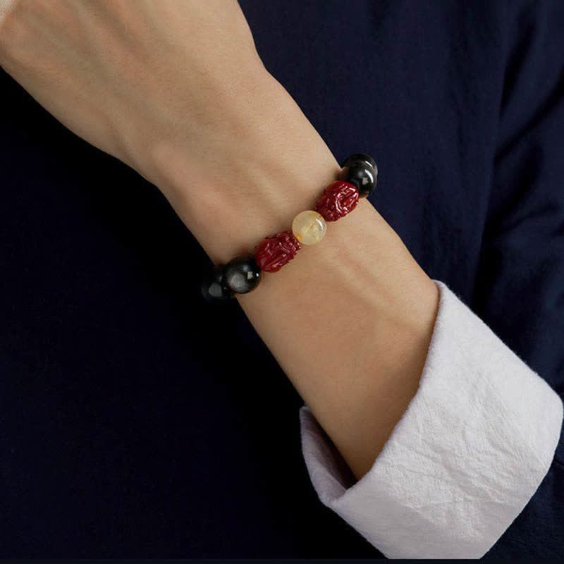 Braccialetto di protezione Om Mani Padme Hum in ossidiana lucida dorata Buddha Stones PiXiu Cinnabar