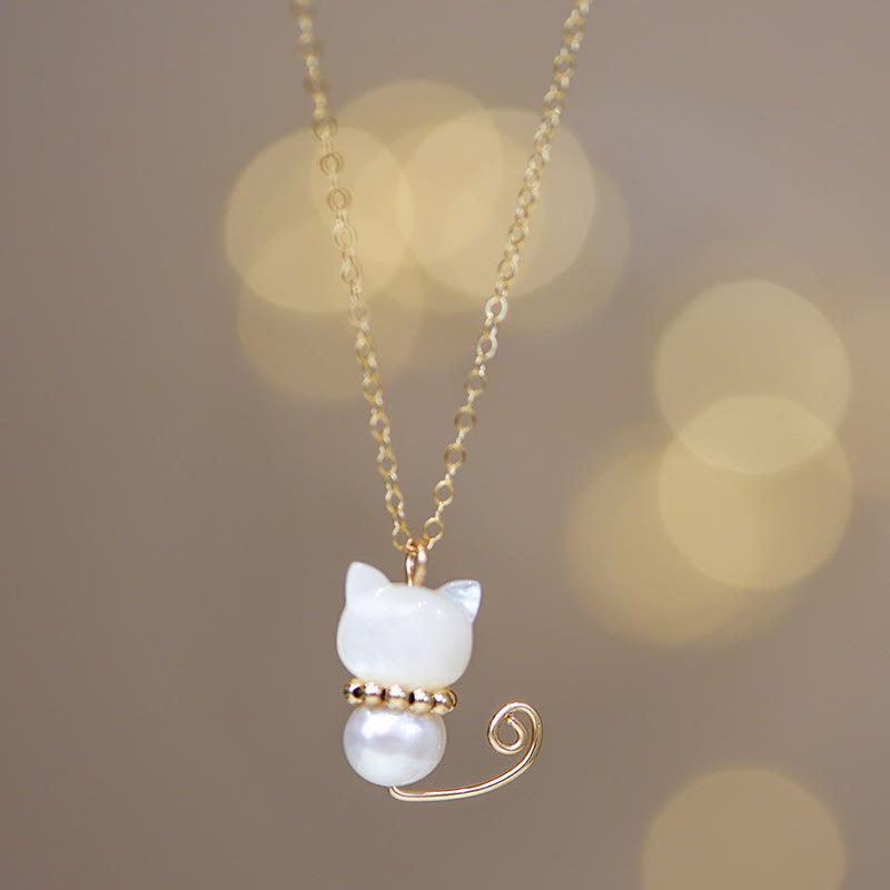 Buddha Stones 14K placcato oro perla Hetian giada conchiglia fortuna gatto gattino collana pendente - Placcato oro normale 14K - Perla - image 2