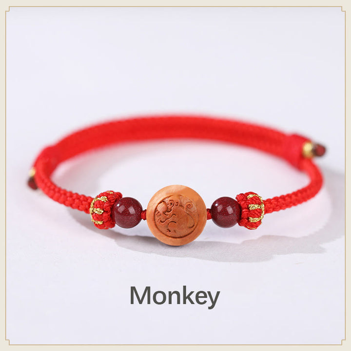 Braccialetto della ricchezza in cinabro intagliato con carattere dello zodiaco cinese Fu in legno di pesca naturale Buddha Stones - Rosso Scimmia (Circonferenza del polso 14-18 cm) - image 7