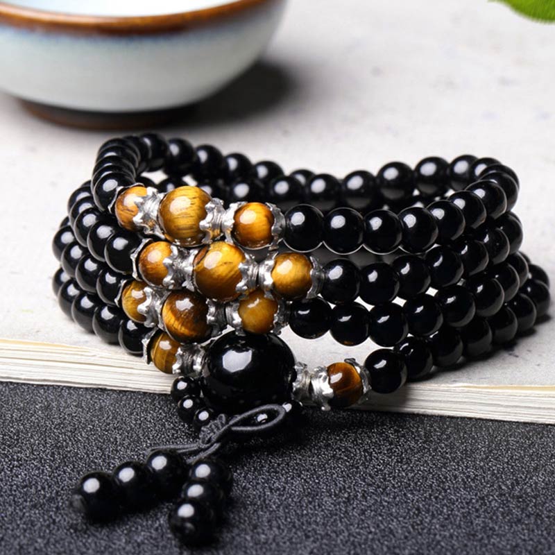 Buddha Stones Bracciale Mala con 108 perle in ossidiana nera naturale e occhio di tigre - image 6