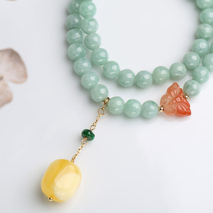Bracciale Buddha Stones 925 Sterling Silver Jade Natural Ambra Butterfly Luck Abundance
