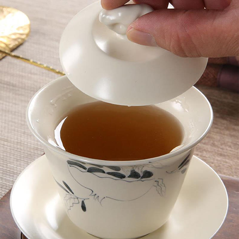 Buddha Stones dipinto a mano melograno ibisco pino loto ceramica gaiwan sancai tazza da tè kung fu tazza da tè e piattino con coperchio