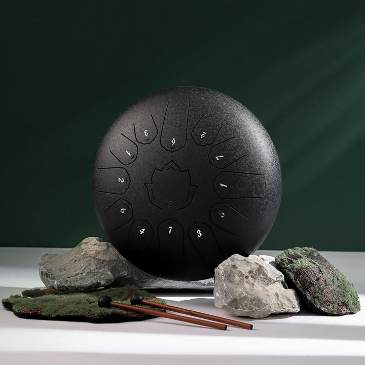 Buddha Stones Steel Tongue Drum Sound Healing Mindfulness Lotus Pattern Yoga Drum Kit 13 Note 12 Pollici Strumento a percussione