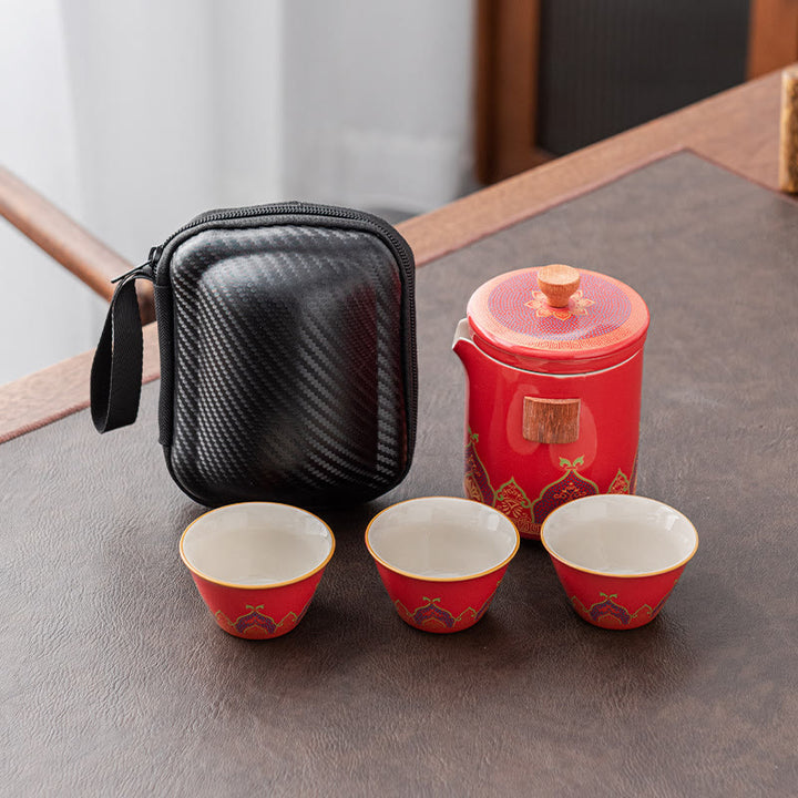 Buddha Stones Flower Chinese Gongfu Teiera in ceramica portatile Set da tè da viaggio all'aperto - Rosso - 1 teiera + 3 tazze + 1 borsa - image 23