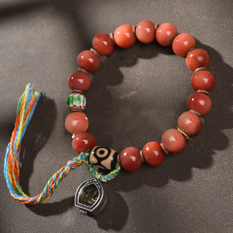 Buddha Stones Tibetano Naturale Cammello Osso Dzi Perlina Bodhi Seme Ciondolo Fortuna Bracciale
