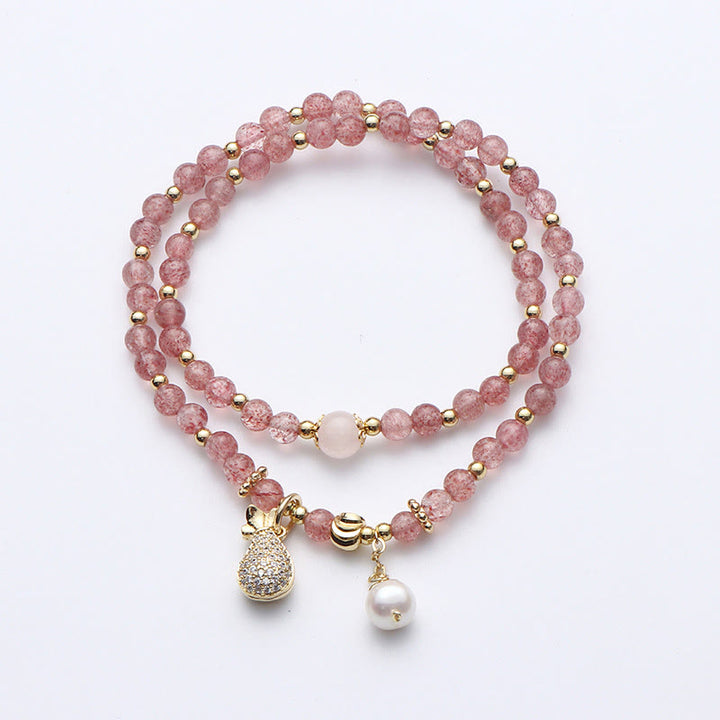 Braccialetto a doppio giro con ciondolo positivo Buddha Stones Strawberry Quartz Money Bag