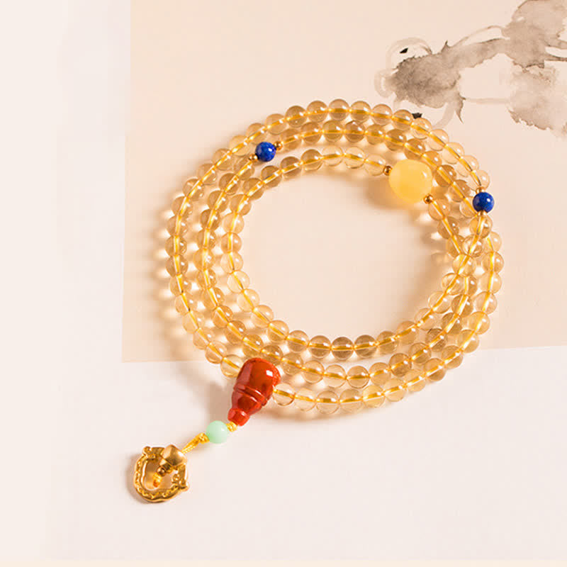 Braccialetto con ciondolo in argento sterling 925, 108 perline Mala, citrino naturale, agata rossa, ambra e piacere