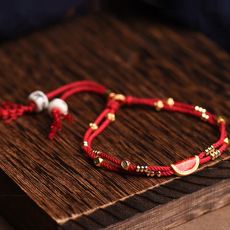 Braccialetto di corda rossa intrecciata con design di gnocchi di cinabro fatti a mano Buddha Stones