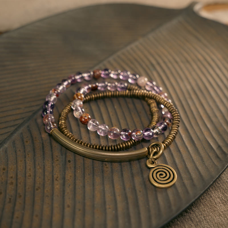 Bracciale Buddha Stones Viola Phantom Rosso Quarzo Ematoide Quarzo Rutilato Verde Rame Amore Perdona
