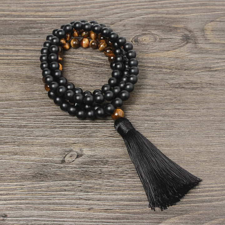 Buddha Stones Onice Nero Occhio di Tigre Braccialetto della Fortuna Collana con Nappa Pendente