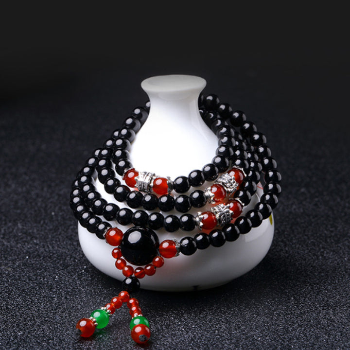 Buddha Stones Bracciale Mala con 108 perle in ossidiana nera naturale e occhio di tigre - image 15