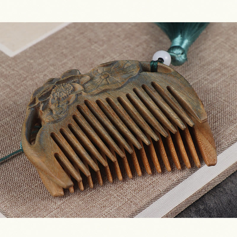 Pettine con nappa di cura inciso a forma di fiore di peonia volpe sandalo verde