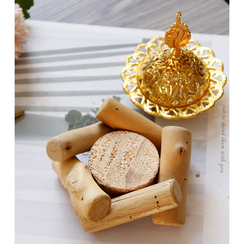 Mini bruciatore di incenso curativo in lega d'oro con sottobicchiere in legno, decorazione per la casa