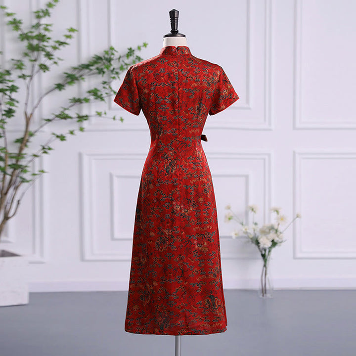 Abito da donna in cheongsam con stampa di foglie e nuvole di buon Buddha Stones vintage, abito da donna in qipao - image 2