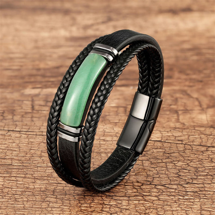 Bracciale in pelle intrecciata multistrato con pietra naturale Buddha Stones Green Agate Power