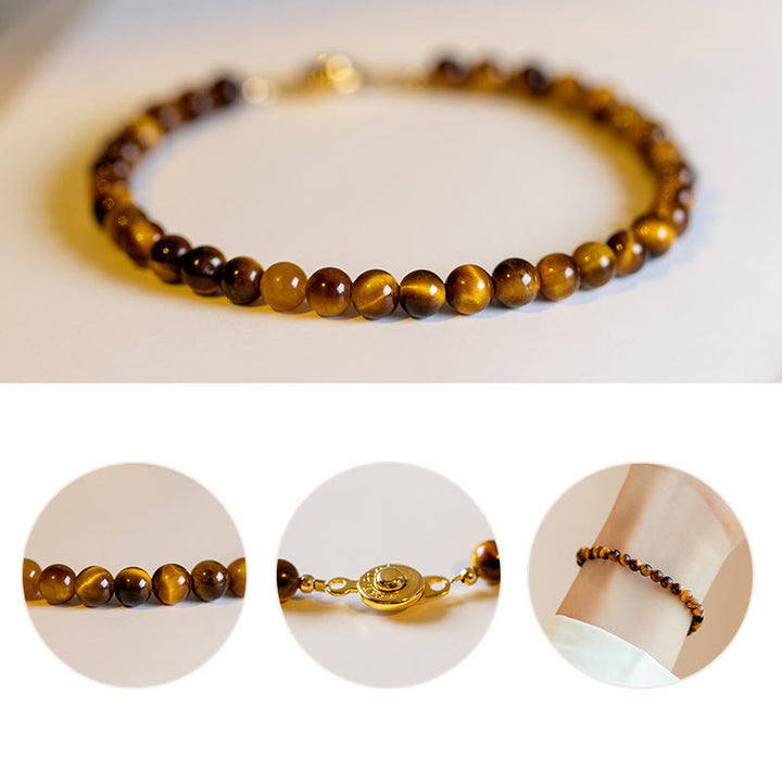 Braccialetto di protezione del coraggio in pietra naturale occhio di tigre placcato oro 14K Buddha Stones