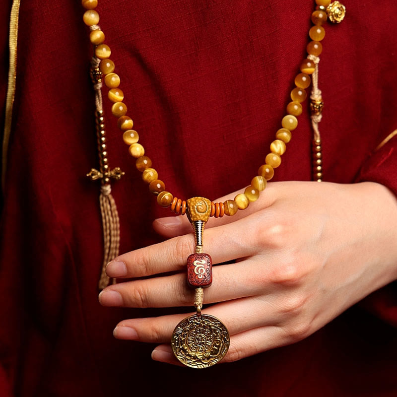 Buddha Stones 108 Mala Beads Natural Tiger Eye Rame Dorje Protezione Nappa Bracciale