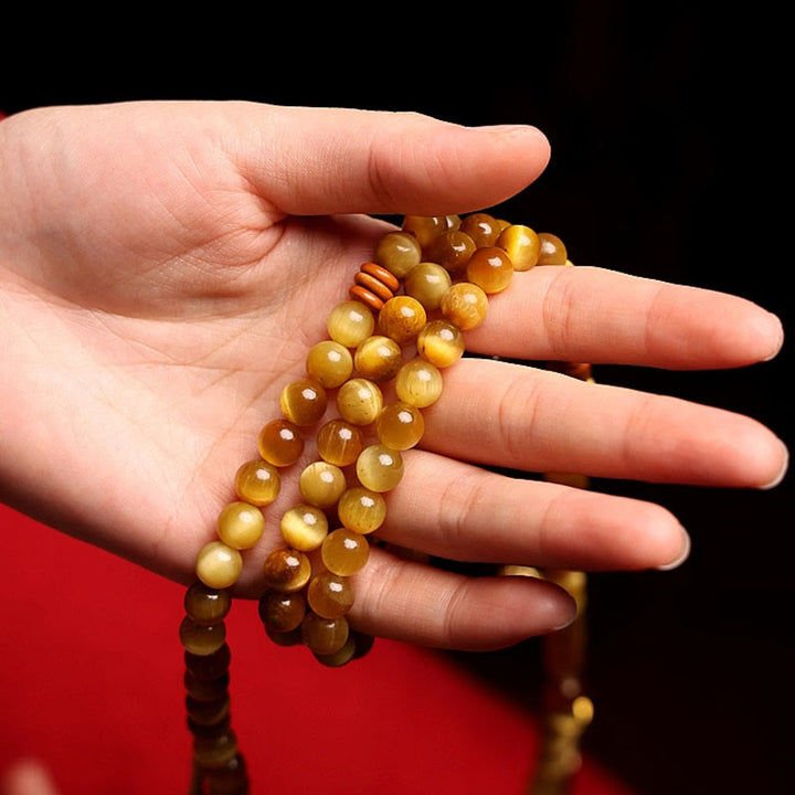 Buddha Stones 108 Mala Beads Natural Tiger Eye Rame Dorje Protezione Nappa Bracciale