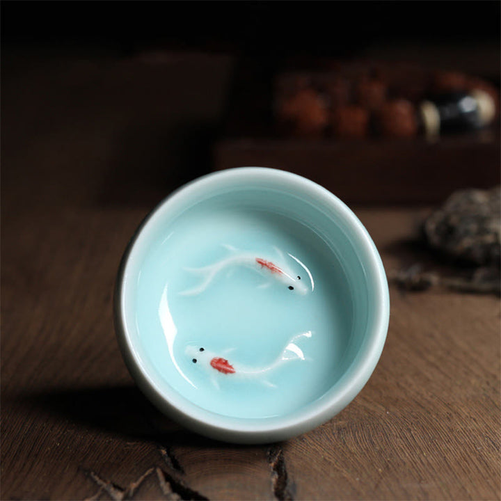 Buddha Stones Koi Fish colorato Tazza da tè in ceramica Kung Fu Tazza da tè Ciotola - Pesce Koi verde chiaro 6,8 cm * 3,4 cm * 55 ml - image 28