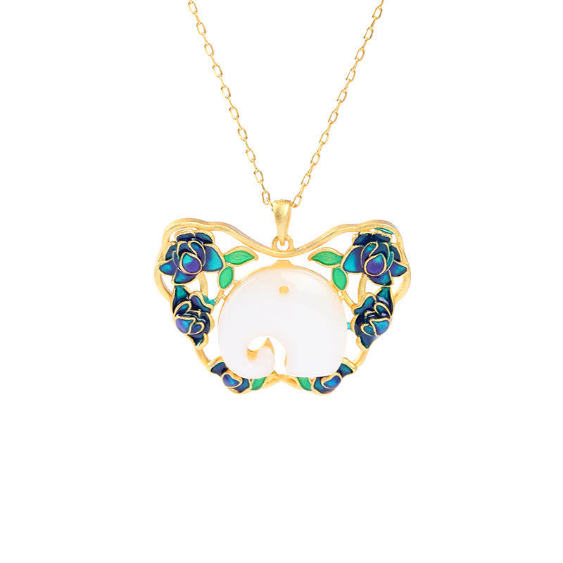 Collana con ciondolo a forma di catena con farfalla, elefante e loto in giada bianca