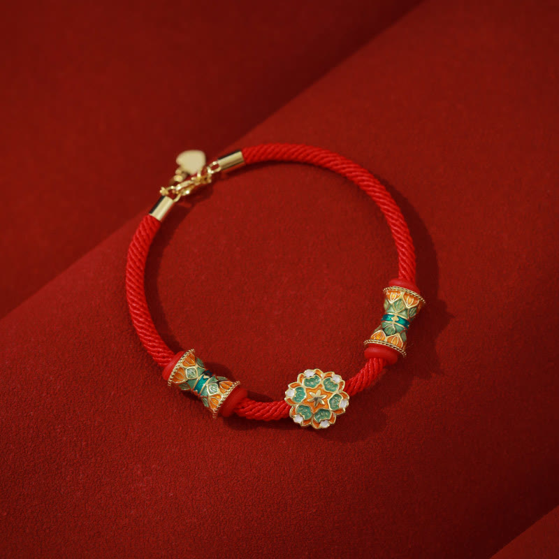Buddha Stones Dunhuang 925 Sterling Silver Lotus Drum Nuovo inizio Braccialetto in corda rossa - 14-17 cm - image 0