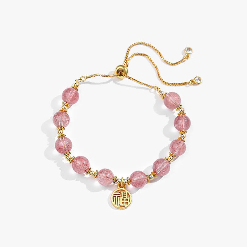 Bracciale con ciondolo positivo Fu Character Buddha Stones placcato oro 14K con quarzo fragola naturale