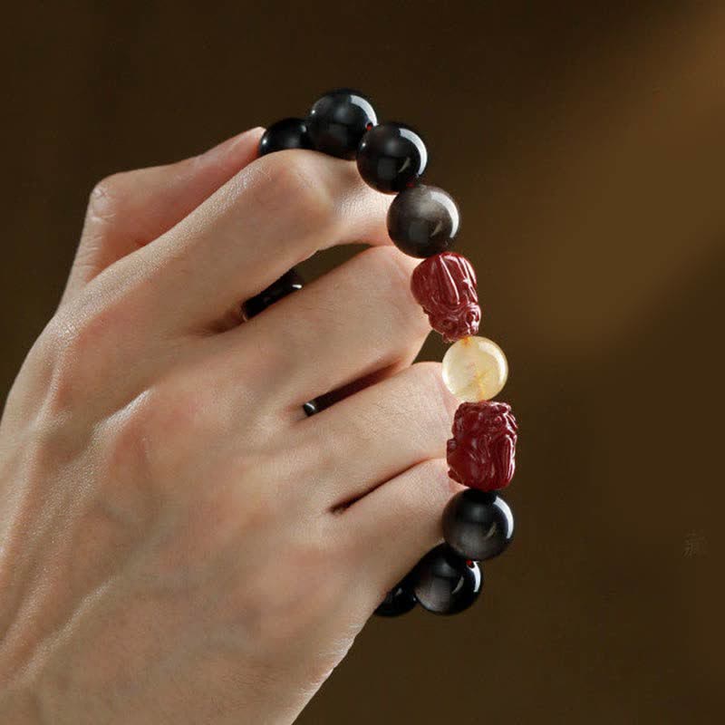 Braccialetto di protezione Om Mani Padme Hum in ossidiana lucida dorata Buddha Stones PiXiu Cinnabar