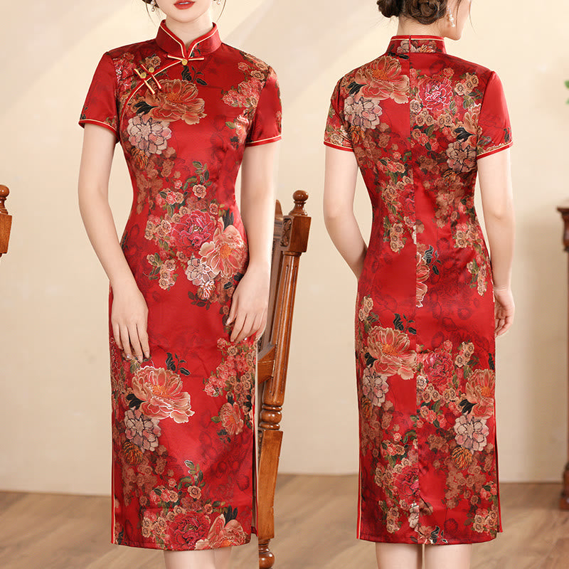 Abito da donna in cheongsam con stampa di piume di peonia e fiori di loto retrò Buddha Stones - Peonia rossa - US16, UK/AU20, EU48 (5XL) - image 16