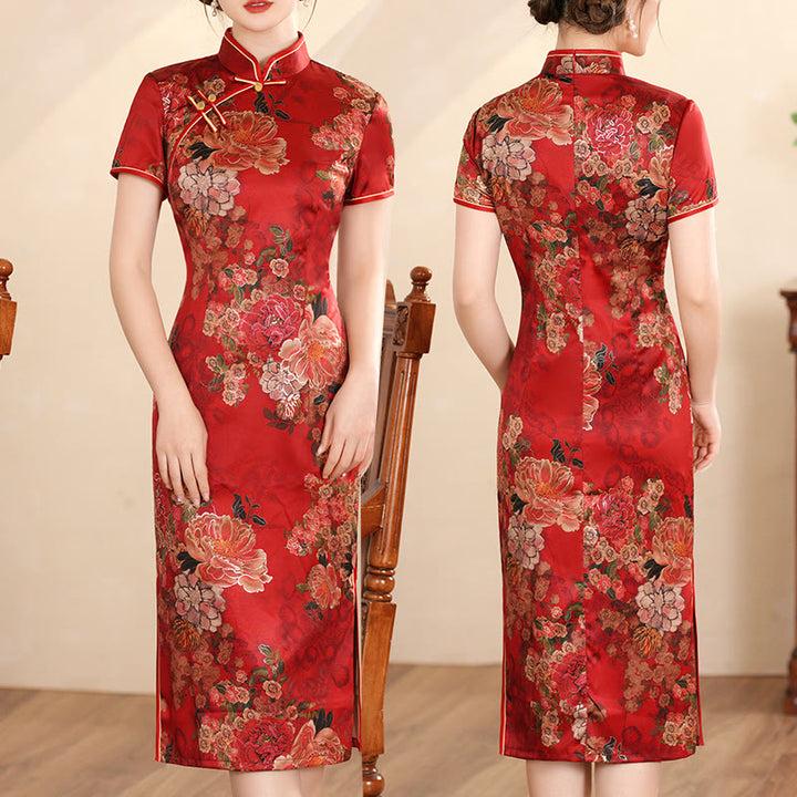 Abito da donna in cheongsam con stampa di piume di peonia e fiori di loto retrò Buddha Stones - Peonia rossa - US16, UK/AU20, EU48 (5XL) - image 16