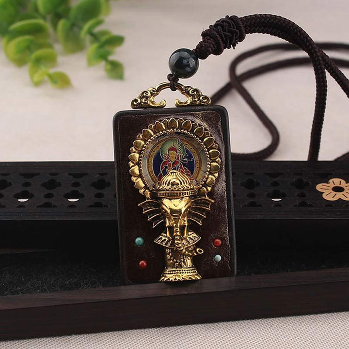 Collana con ciondolo a forma di corda con elefante in legno di ebano e dio della fortuna del Buddha - image 8