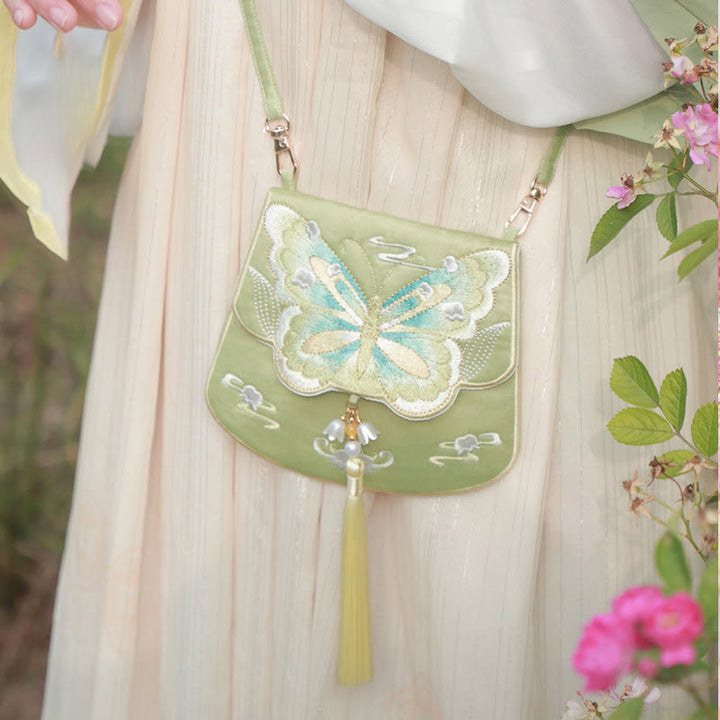 Buddha Stones Fortuna Ricamo Loto Koi Pesce Coniglio Fiore Borsa Hanfu Borsa a Tracolla Borsa a Tracolla - Farfalla verde - image 25