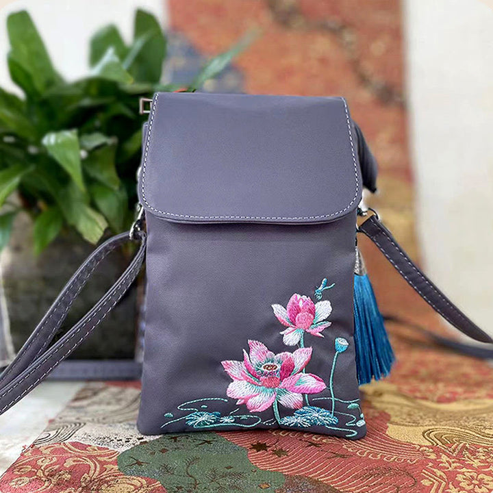 Borsa a tracolla con fiori di loto ricamati a mano, impermeabile , Buddha Stones , borsa per cellulare