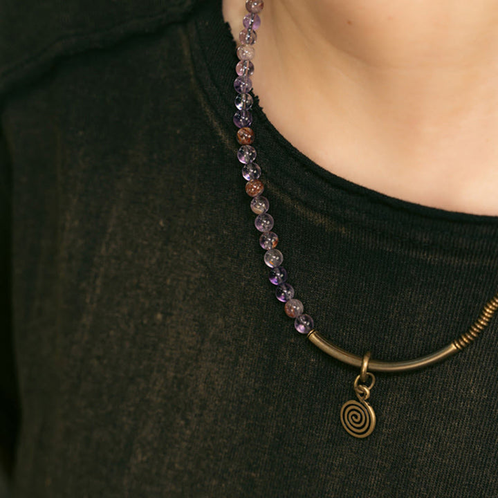 Bracciale Buddha Stones Viola Phantom Rosso Quarzo Ematoide Quarzo Rutilato Verde Rame Amore Perdona