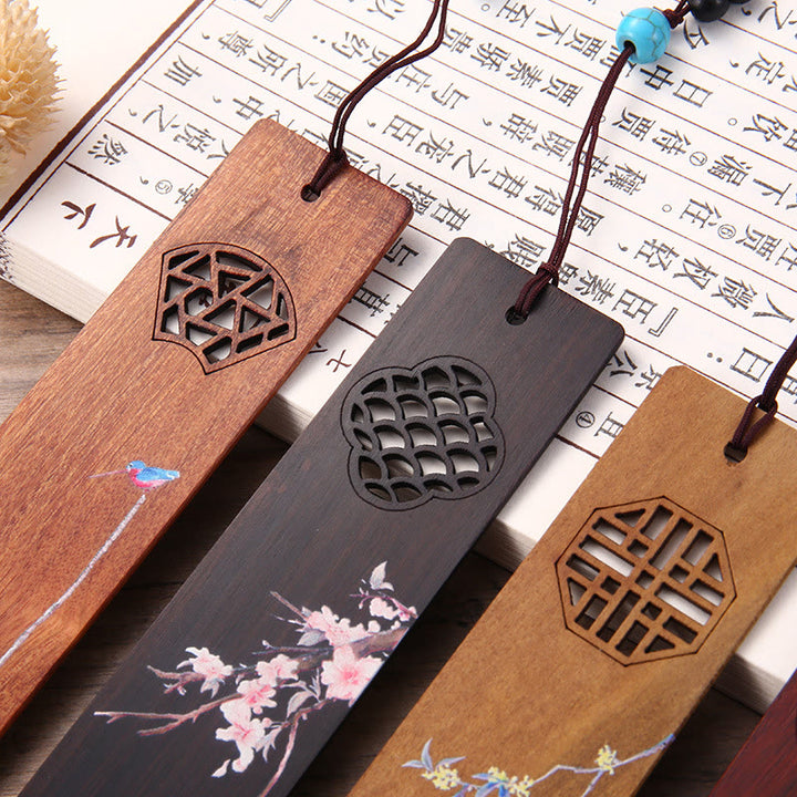 Buddha Stones 4 pezzi Quattro stagioni prugna orchidea bambù crisantemo maschera dell'opera di Pechino segnalibri in legno con scatola regalo