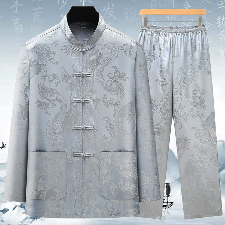 Buddha Stones Tang Suit Uomo Hanfu Cinese Drago Tradizionale Vestiti Kung Fu Camicia Uniforme Manica Lunga Cappotto Top e Pantaloni Abbigliamento Uomo Set - Grigio - US/UK/AU42, EU52 (3XL) - image 0