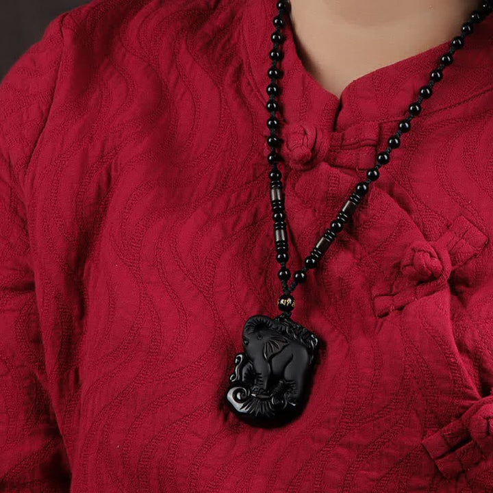 Collana con ciondolo portachiavi in corda di protezione per elefante in ossidiana nera
