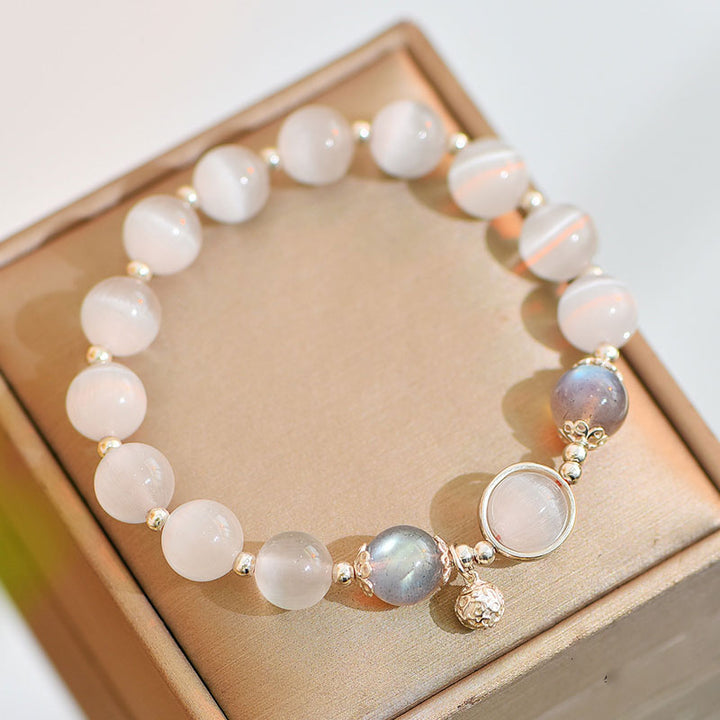 Braccialetto di supporto dell'amore con pietra di luna e occhio di gatto in argento sterling 925 Buddha Stones