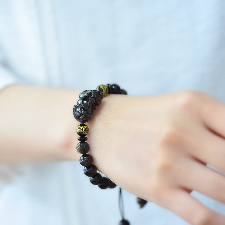 Bracciale intrecciato con Buddha Stones, lucentezza naturale dell'oro, ossidiana, PiXiu Om Mani Padme Hum, ricchezza