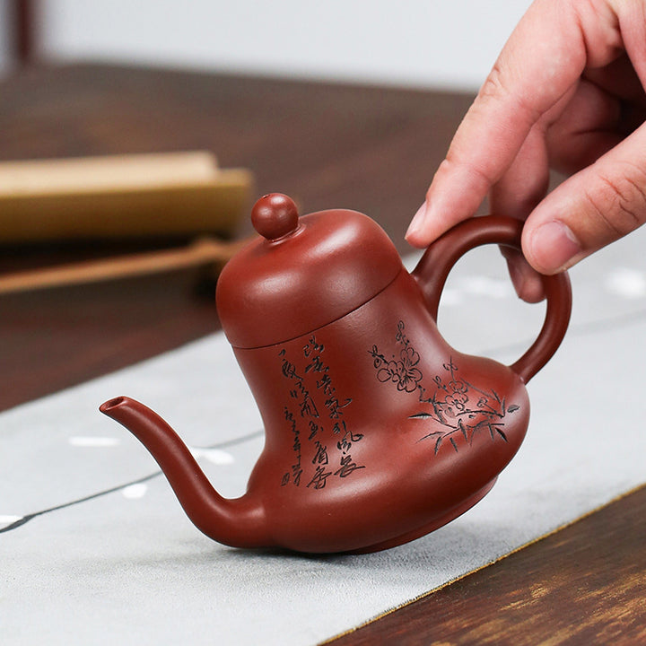 Teiera vintage in argilla viola con fiori di pesco e bambù, motivo Buddha Stones Kung Fu