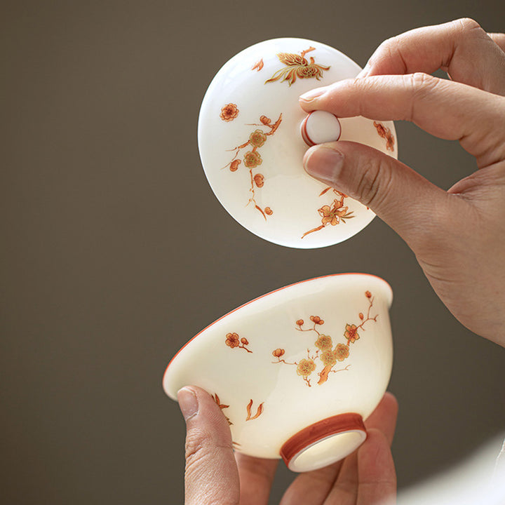 Buddha Stones Fiori di porcellana bianca Gaiwan in ceramica Sancai Tazza da tè Kung Fu Tazza da tè e piattino con coperchio