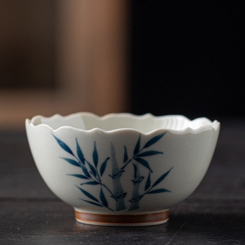 Buddha Stones Piccola tazza da tè in ceramica con foglie di bambù blu Tazza da tè Kung Fu Ciotola