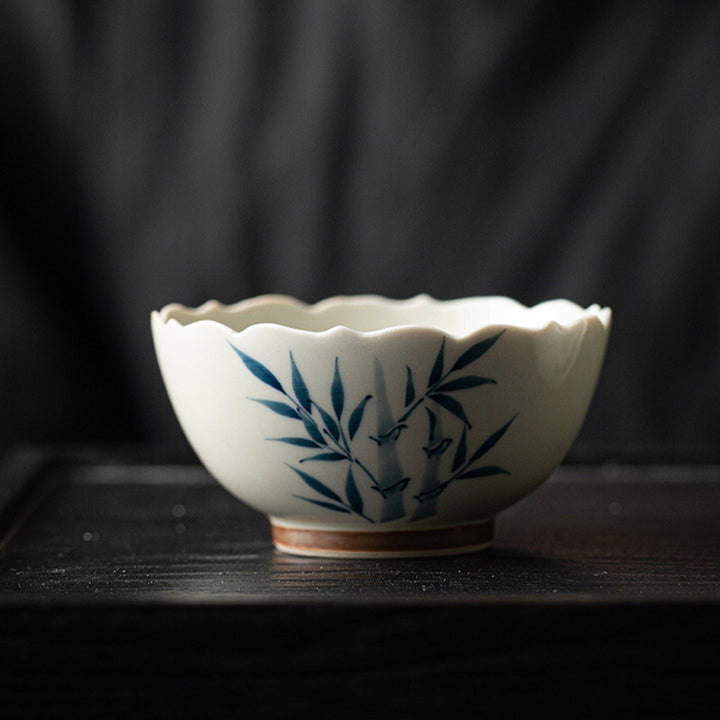 Buddha Stones Piccola tazza da tè in ceramica con foglie di bambù blu Tazza da tè Kung Fu Ciotola